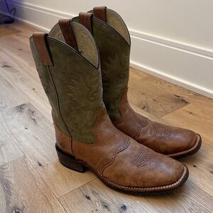 Men's Brown and Green Double H SquareToe Western Cowboy Boots-size 11.5D like 12